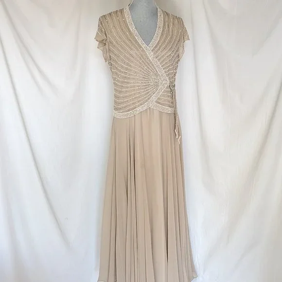 Jkara Dresses | Jkara Beaded Formal Gown Short Sleeve Sequined V Neck Champain Beige Dress S8 | Color: Cream/Tan | Size: 8 | Socalonline22's Closet